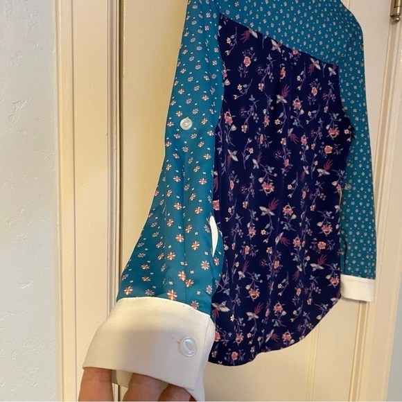 Mod Cloth Top Blouse Novelty Bird Print with Roll Tab Long Sleeves Size S - Picture 4 of 10